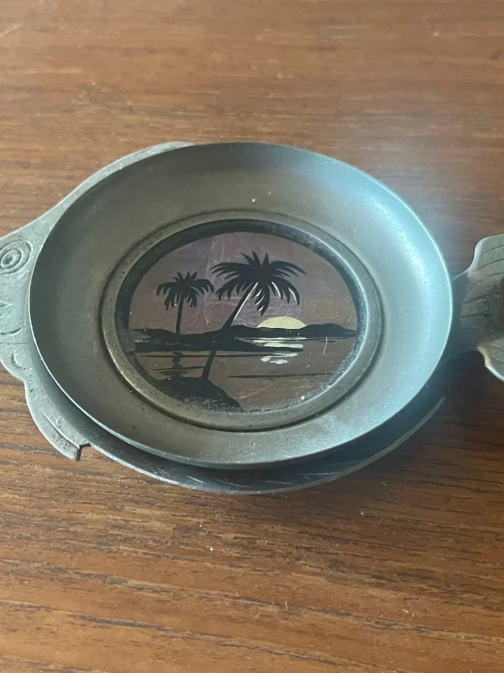 Art Deco Butterfly Reverse Painted Glass Pewter Fish Ash Tray